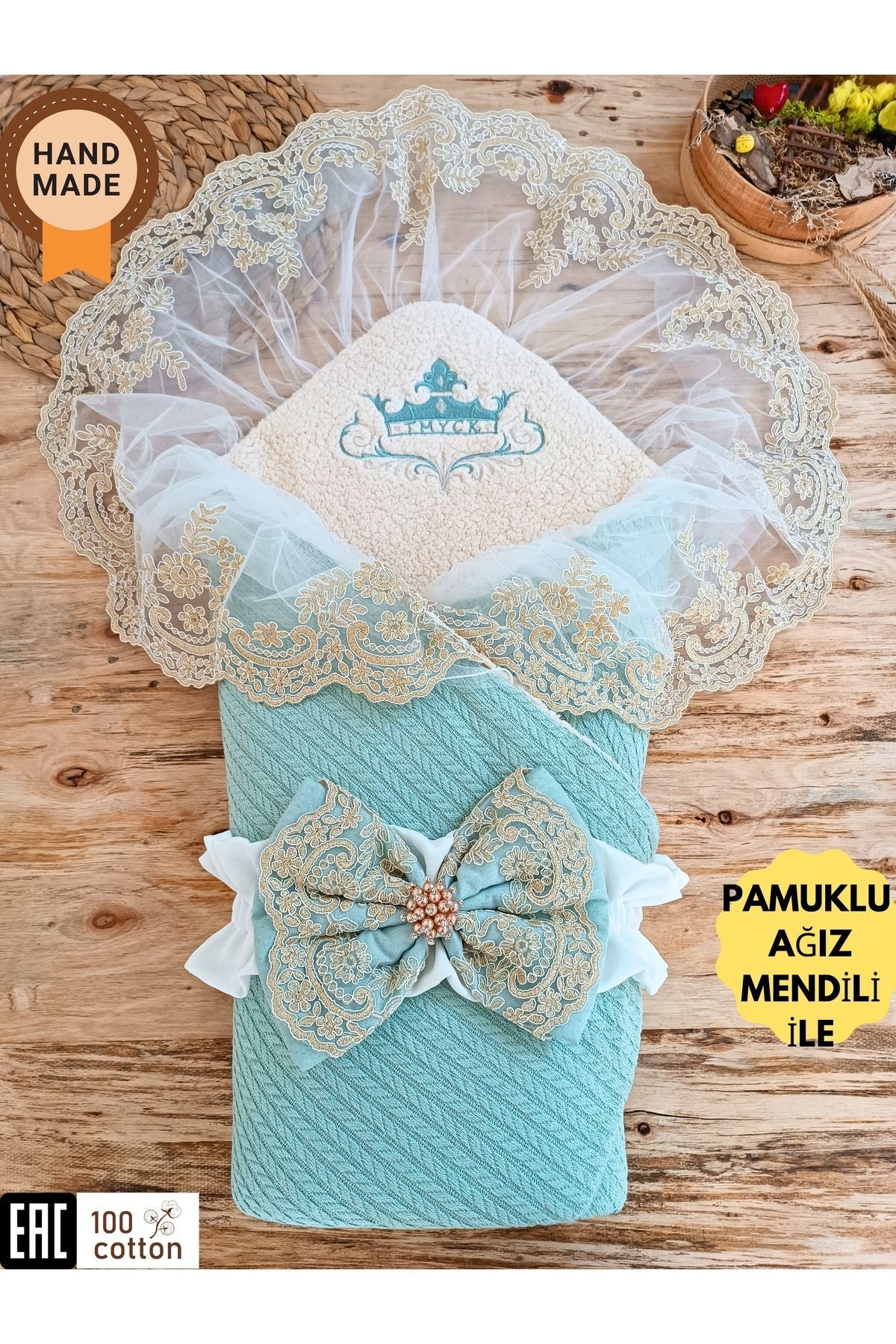 Triko Örgü Bebek Kundağı - Pamuklu & Dantelli Yenidoğan Bebek Battaniyesi Mint