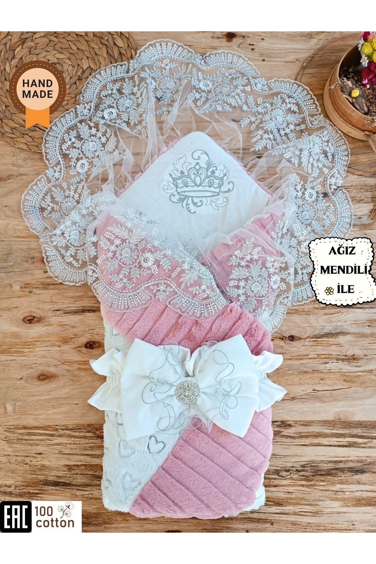 Yenidoğan Unisex Bebek Kundağı & Hastane Çıkışı - Gül Kurusu & Dantelli Dış Kundak