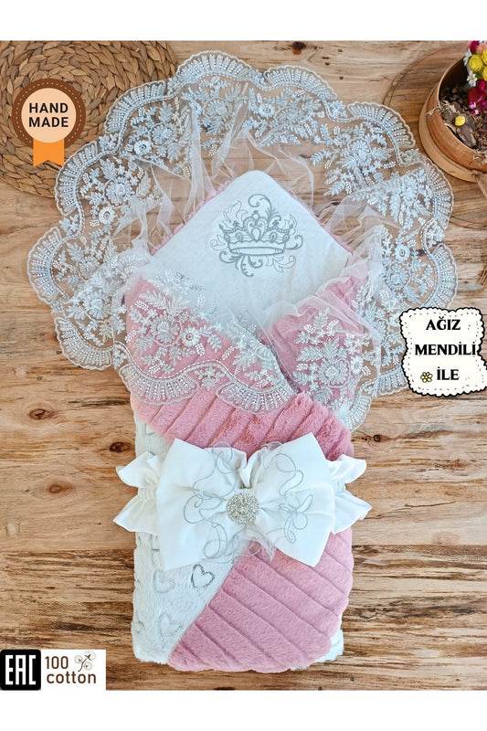 Yenidoğan Unisex Bebek Kundağı & Hastane Çıkışı - Gül Kurusu & Dantelli Dış Kundak