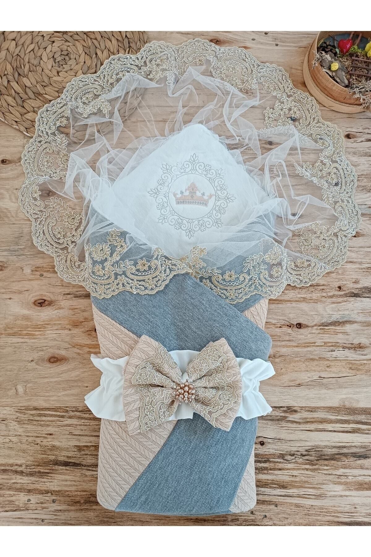 S.kahve Triko Örgü Unisex Bebek Batttaniyesi Kundağı Dantelli Yenidoğan Hastane Çıkışı Hediyelik