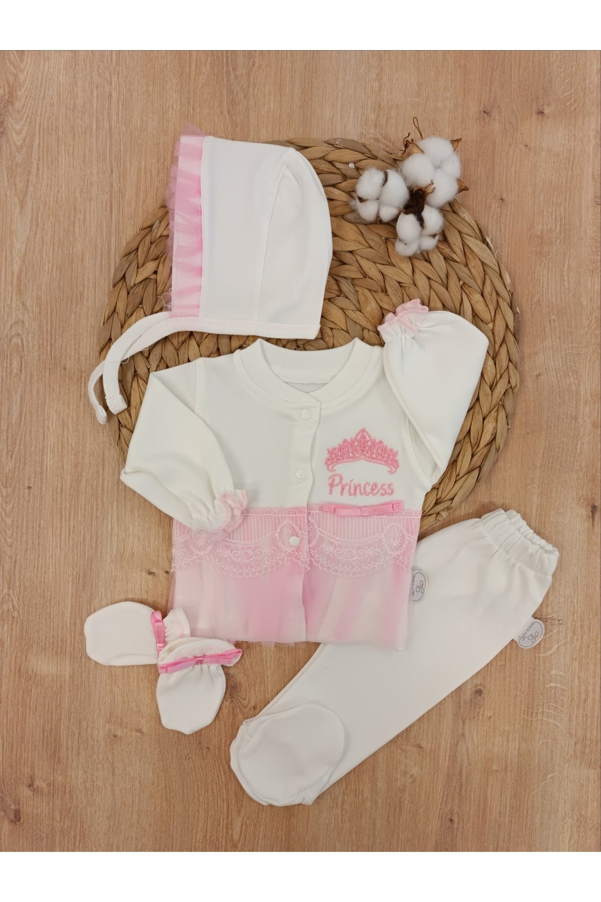 10’lu Kız Bebek Hastane Çıkışı Seti %100 Pamuklu Pembe Nakışlı