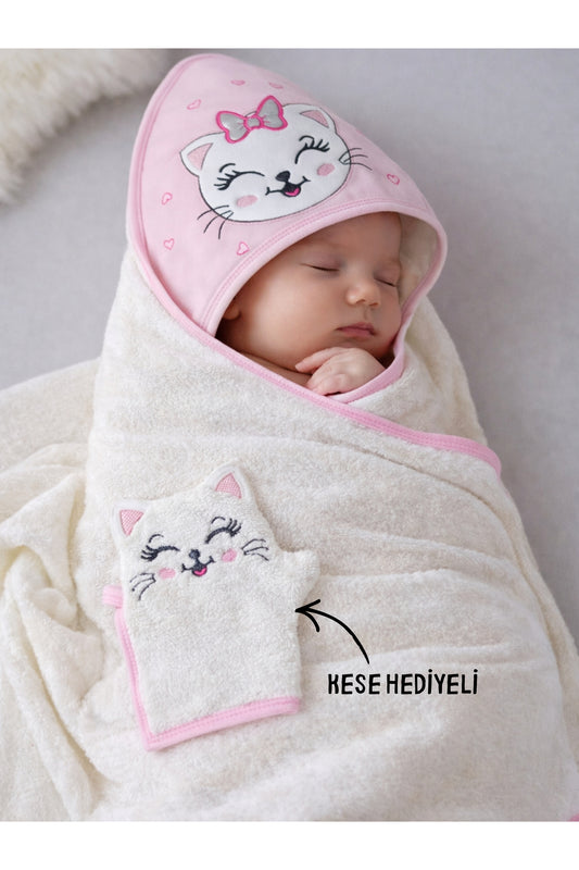 Kedi Nakışlı & Başlıklı Bebek Banyo Havlusu - Yumuşak & Su Emici Bebek Havlusu - %100 Pamuklu