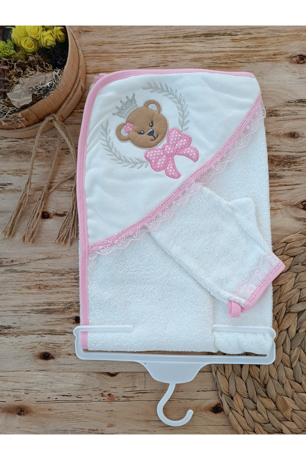 %100 Pamuklu & Başlıklı Kız Bebek Banyo Havlusu - Ayıcık Nakışlı & Yumuşak Bebek Havlusu