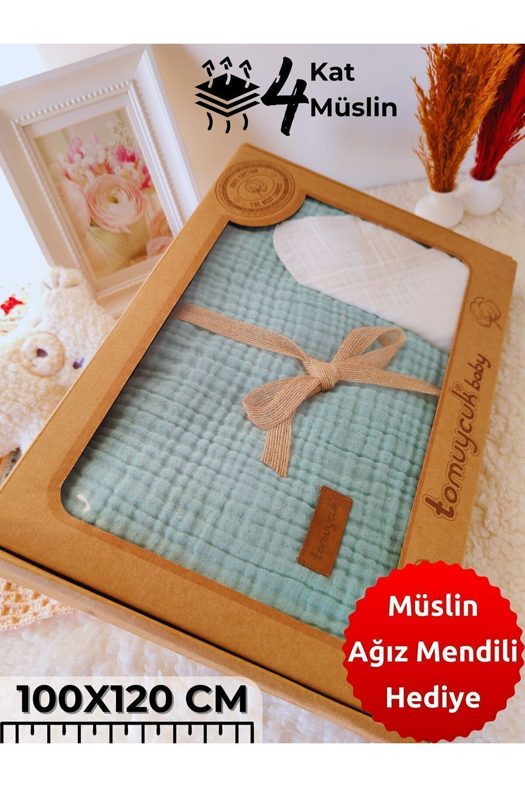 4 Kat Müslin Mint Yeşil Saçaklı Bebek Battaniyesi 100x120 Cm- %100 Pamuklu & Çok Amaçlı Battaniye