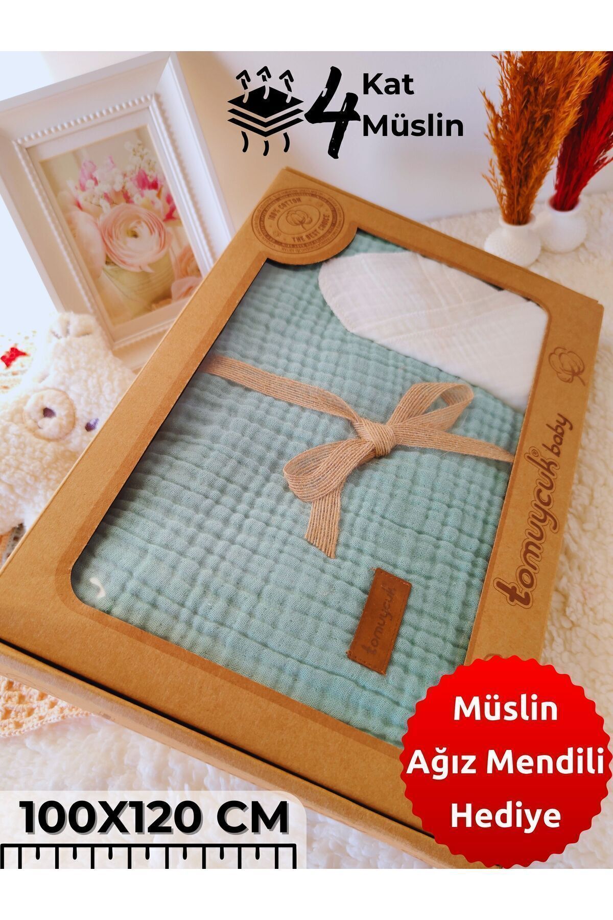 4 Kat Müslin Mint Yeşil Saçaklı Bebek Battaniyesi 100x120 Cm- %100 Pamuklu & Çok Amaçlı Battaniye