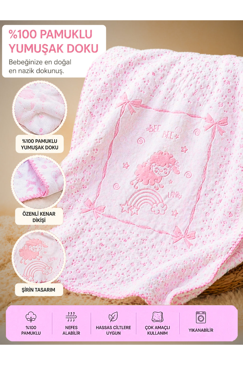 %100 Pamuklu Triko Kız Bebek Battaniyesi - Pembe & Kuzu Desenli Bebek Arabası Örtüsü