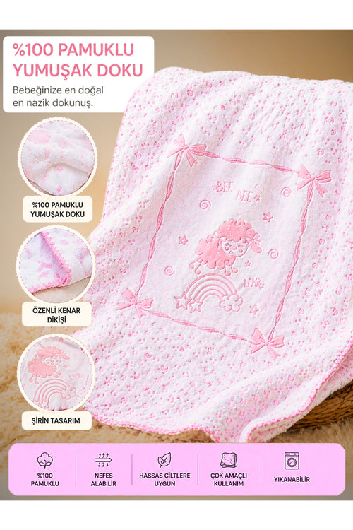 %100 Pamuklu Triko Kız Bebek Battaniyesi - Pembe & Kuzu Desenli Bebek Arabası Örtüsü