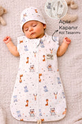 %100 Pamuklu Unisex Bebek Uyku Tulumu 0-6 Ay Fermuarlı Çıtçıtlı Kol Mevsimlik Şapkalı Yenidoğan