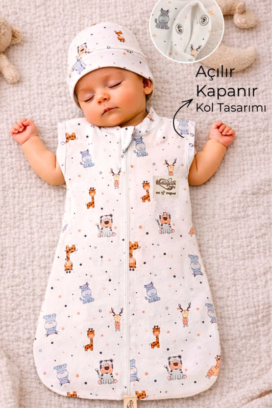 %100 Pamuklu Unisex Bebek Uyku Tulumu 0-6 Ay Fermuarlı Çıtçıtlı Kol Mevsimlik Şapkalı Yenidoğan