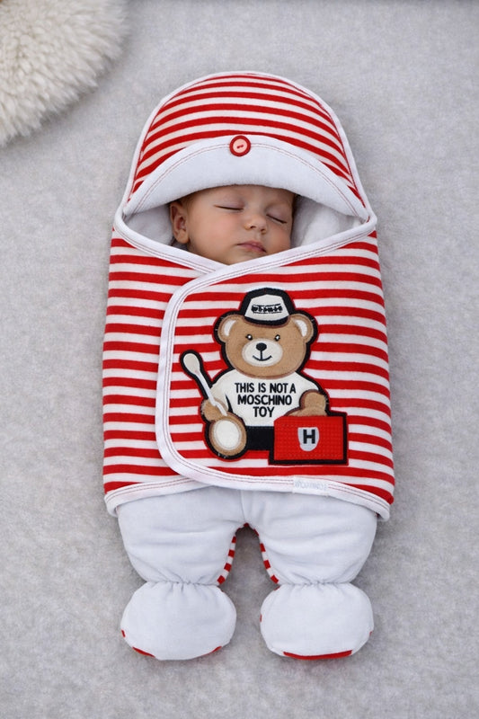 Yenidoğan Unisex Ayaklı Bebek Kundağı Ve Uyku Tulumu - Ayıcık Nakışlı & Kırmızı Çizgili