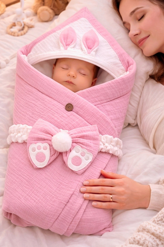 4 Kat Müslin Pembe Bebek Battaniyesi %100 Pamuklu Doğal Organik Uyku Kundağı Hastane Çıkışı