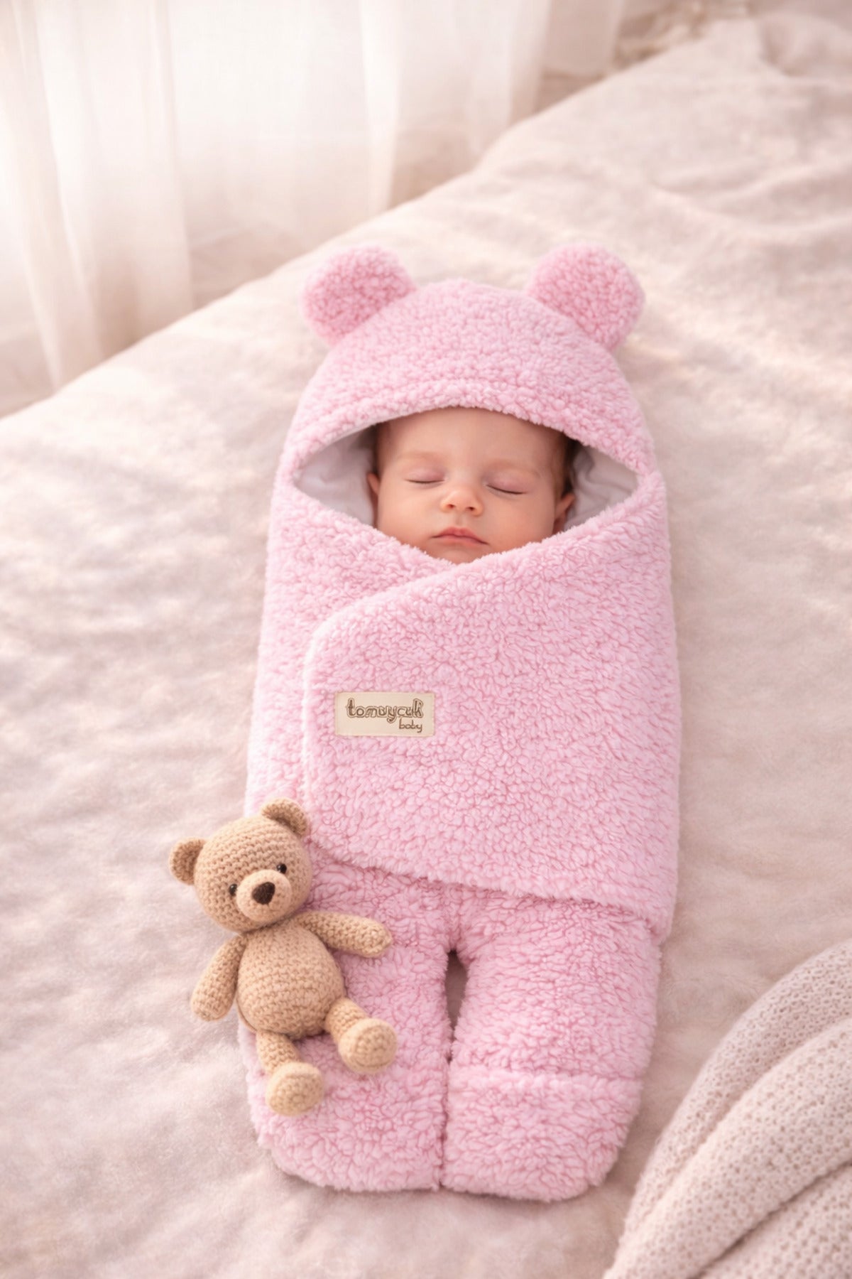0-12 Ay İçi Elyaflı Peluş Welsoft Kulaklı Pembe Dış Bebek Kundak & Battaniyesi Kışlık Uyku Tulumu