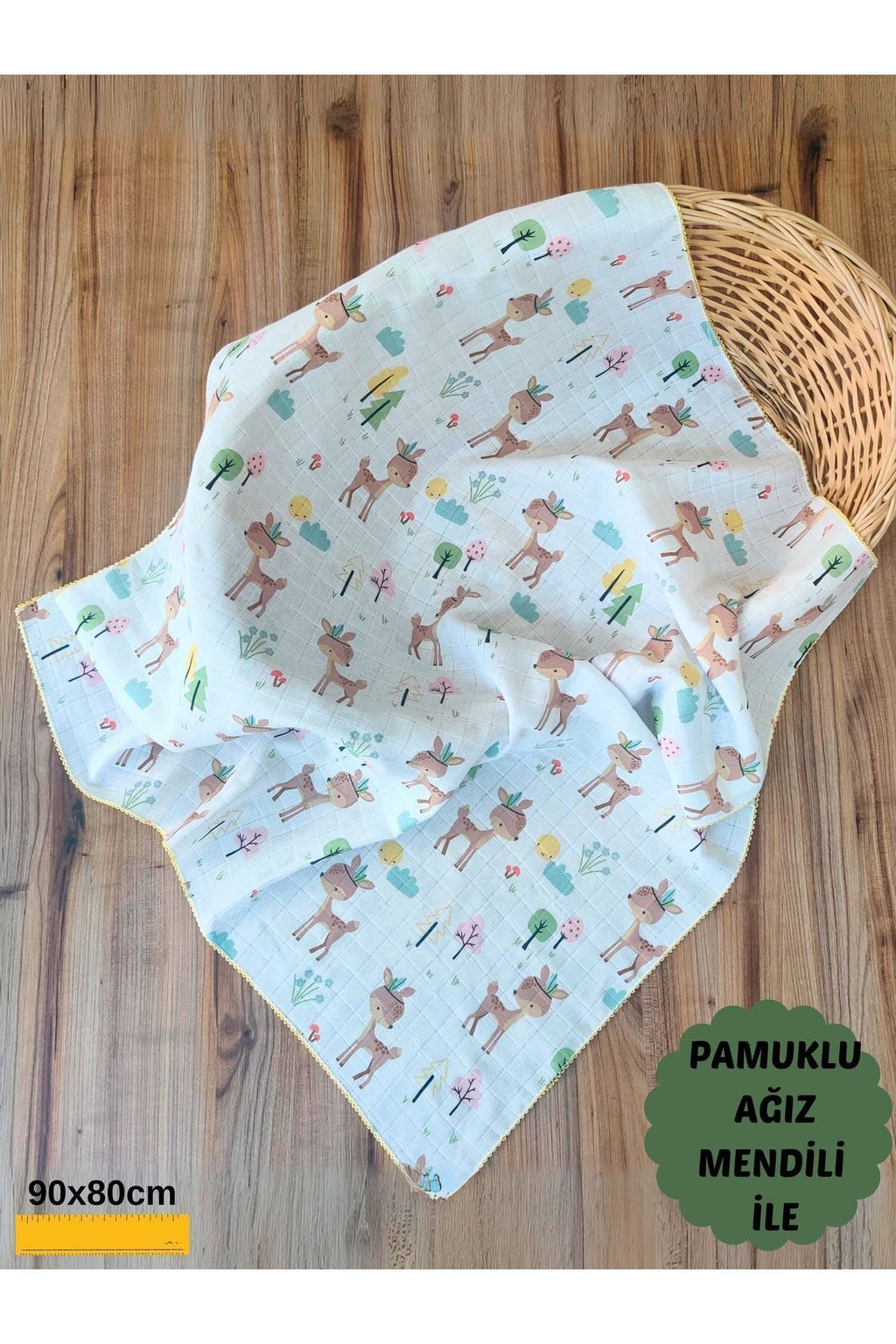 Sarı Müslin Kız Erkek Bebek Battaniyesi Oeko-texli %100 Pamuklu Desenli Örtü Yenidoğan 90x80cm