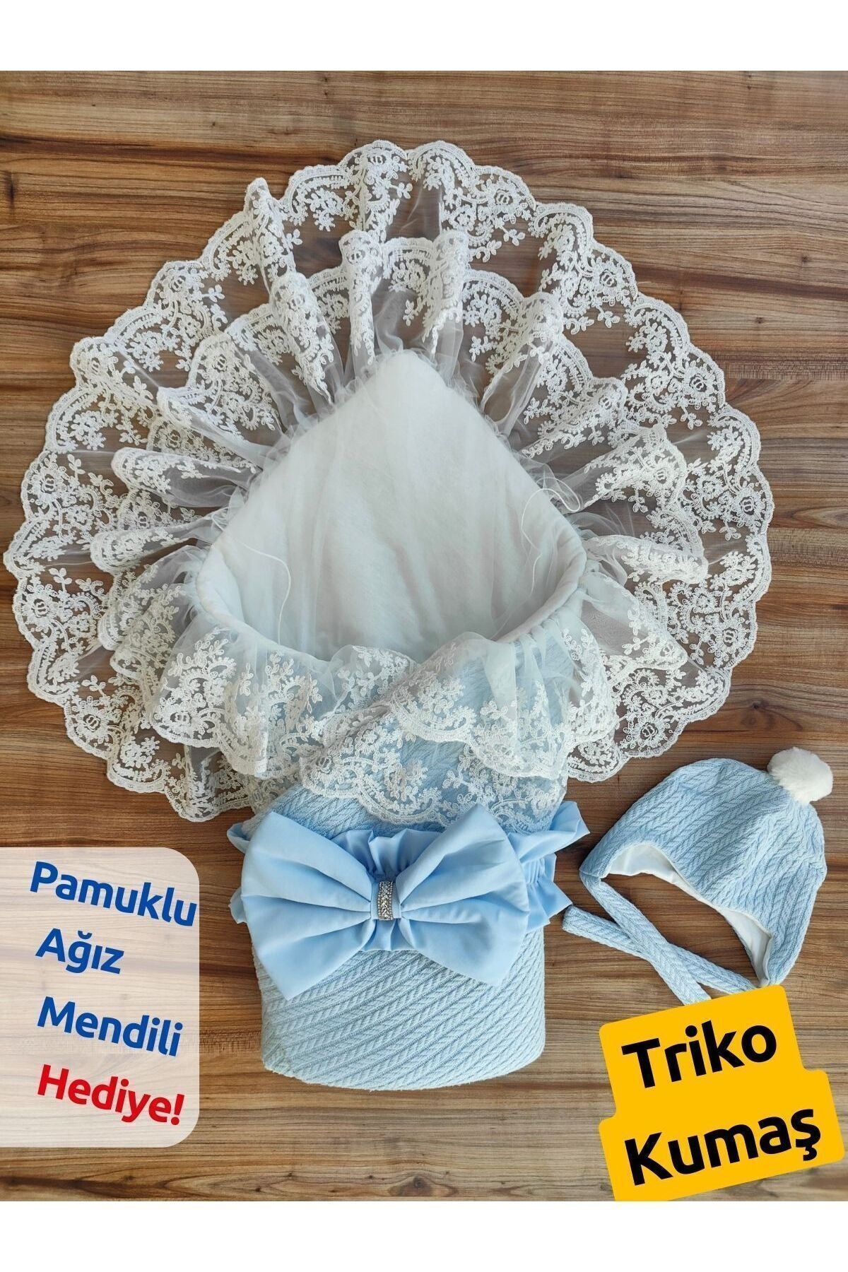 Triko Örgü Erkek Bebek Batttaniyesi Kundağı Şapkalı Dantelli Yenidoğan Hastane Çıkışı