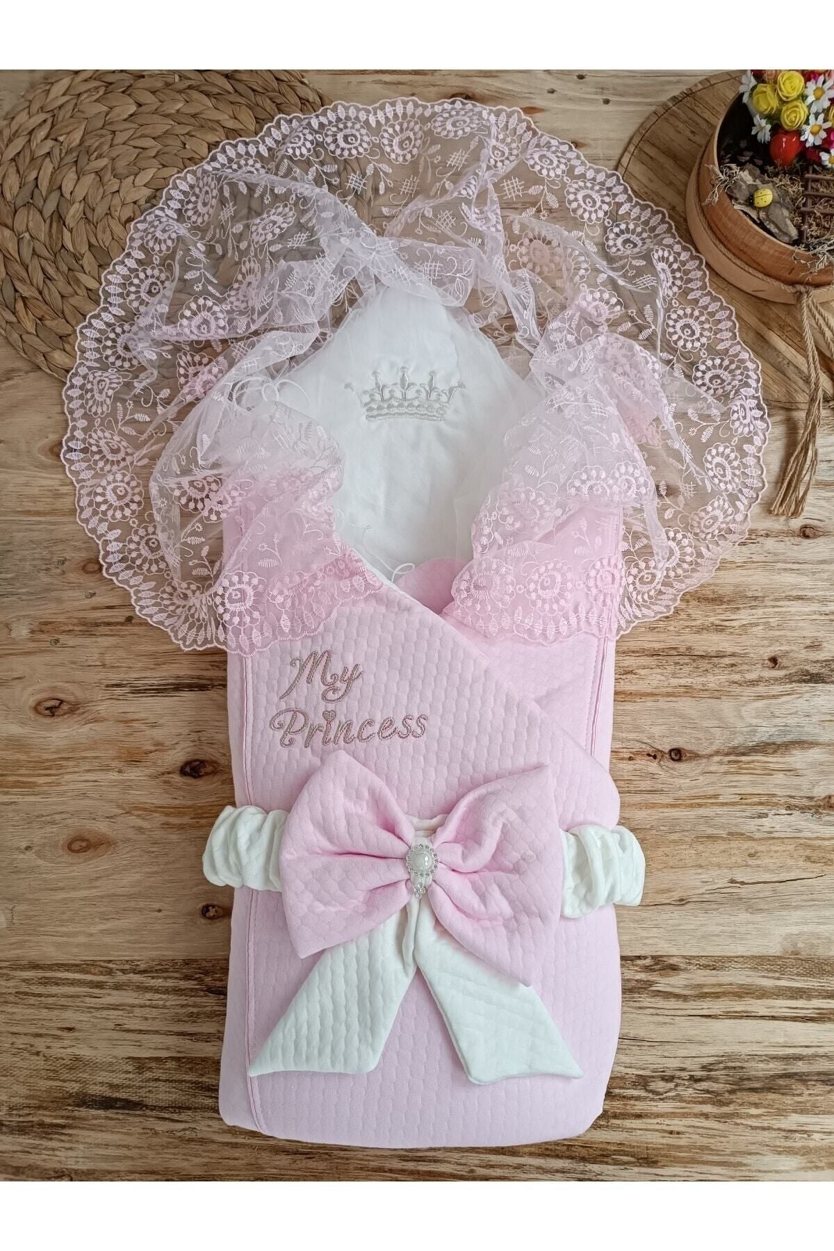 Pembe Kız Bebek Battaniyesi Dantelli Kundak Hastane Çıkışı Yenidoğan %100 Doğal Pamuktan Hediyelik