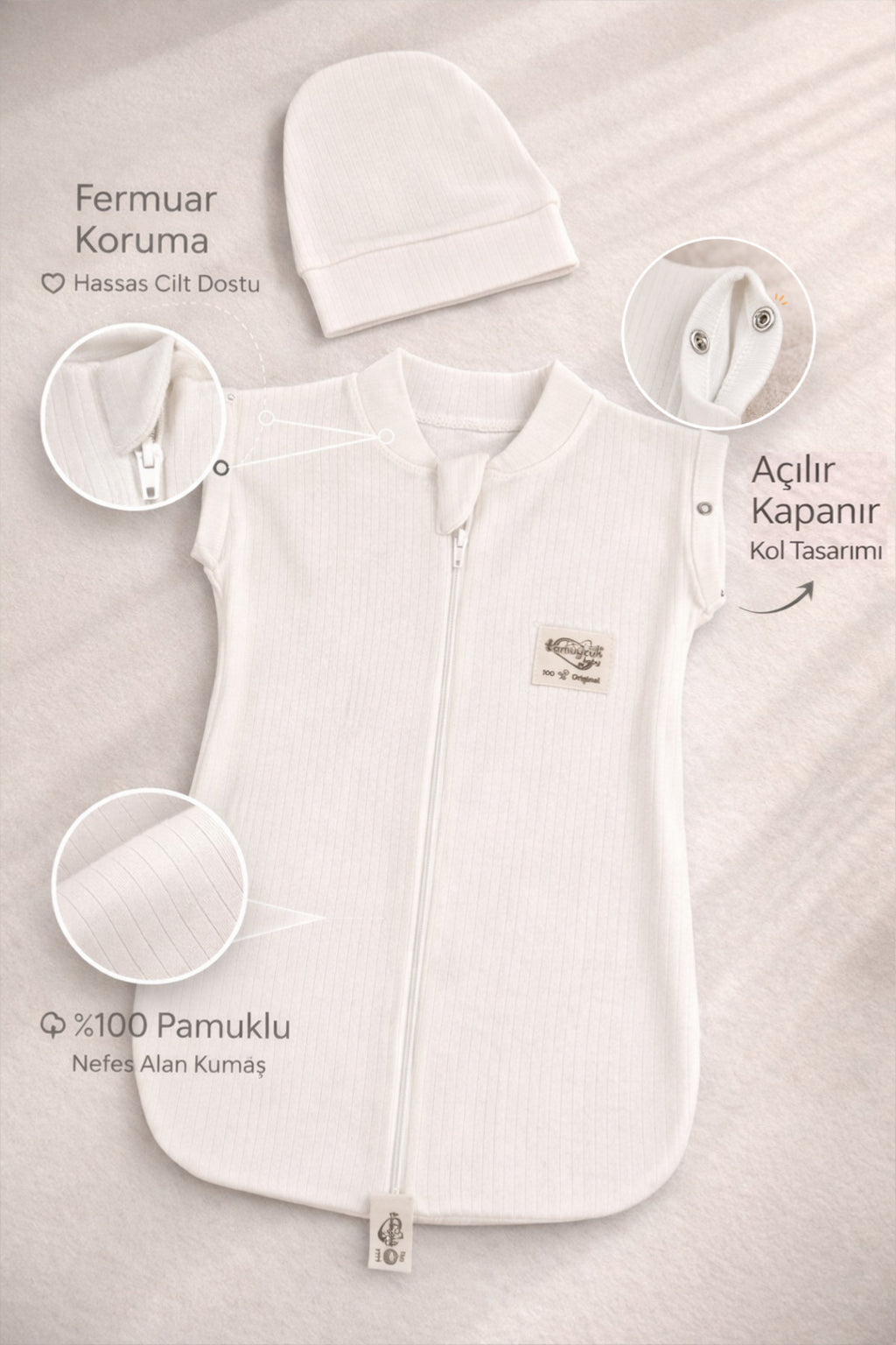 %100 Pamuklu Kız / Erkek Bebek Uyku Tulumu Kundağı 0-6 Ay Fermuarlı Çıtçıtlı Kol Mevsimlik Yenidoğan