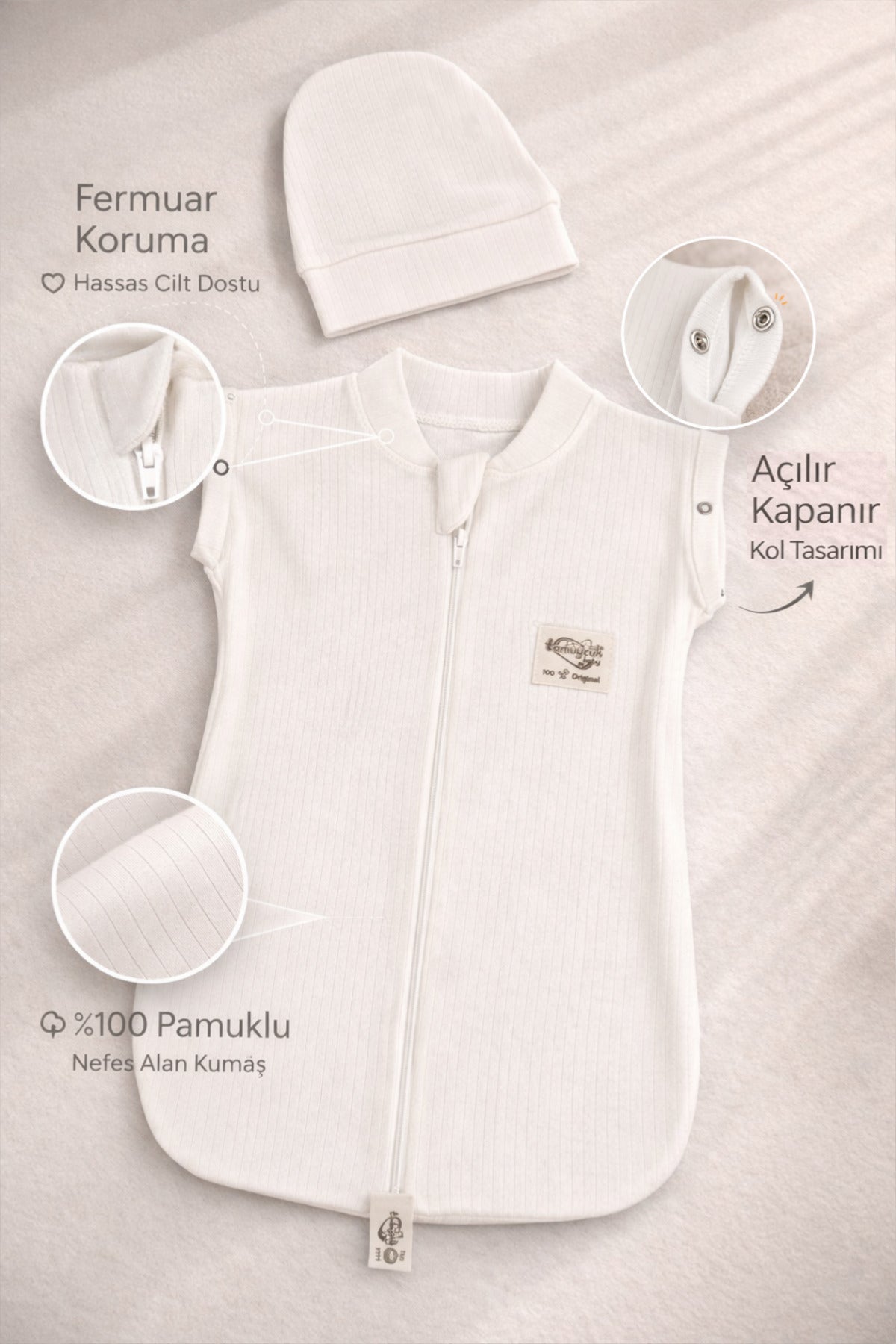%100 Pamuklu Kız / Erkek Bebek Uyku Tulumu Kundağı 0-6 Ay Fermuarlı Çıtçıtlı Kol Mevsimlik Yenidoğan