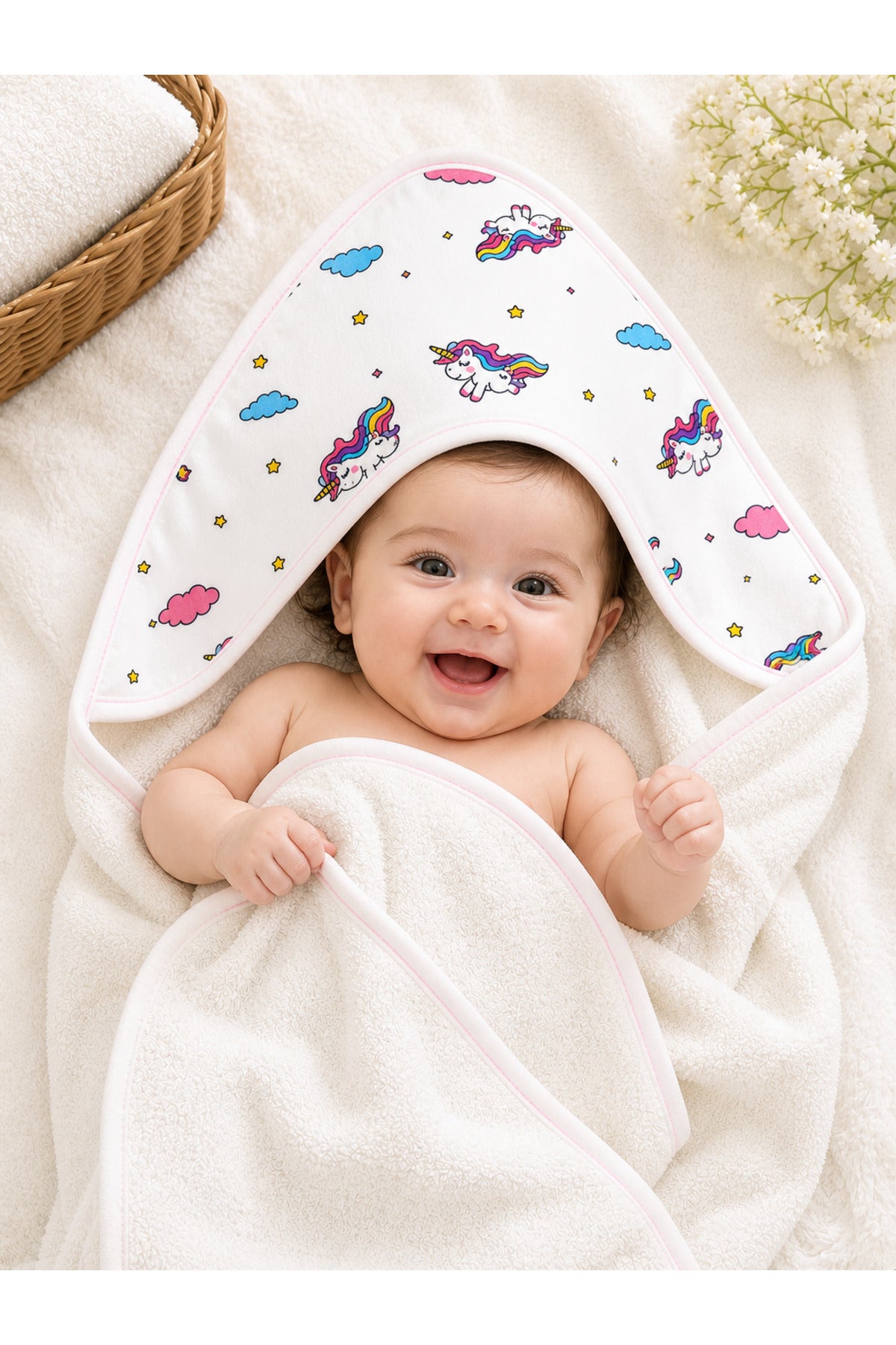 Unicorn Desenli %100 Pamuklu Başlıklı Kız Bebek Banyo Havlusu Yumuşak & Su Emici Havlu