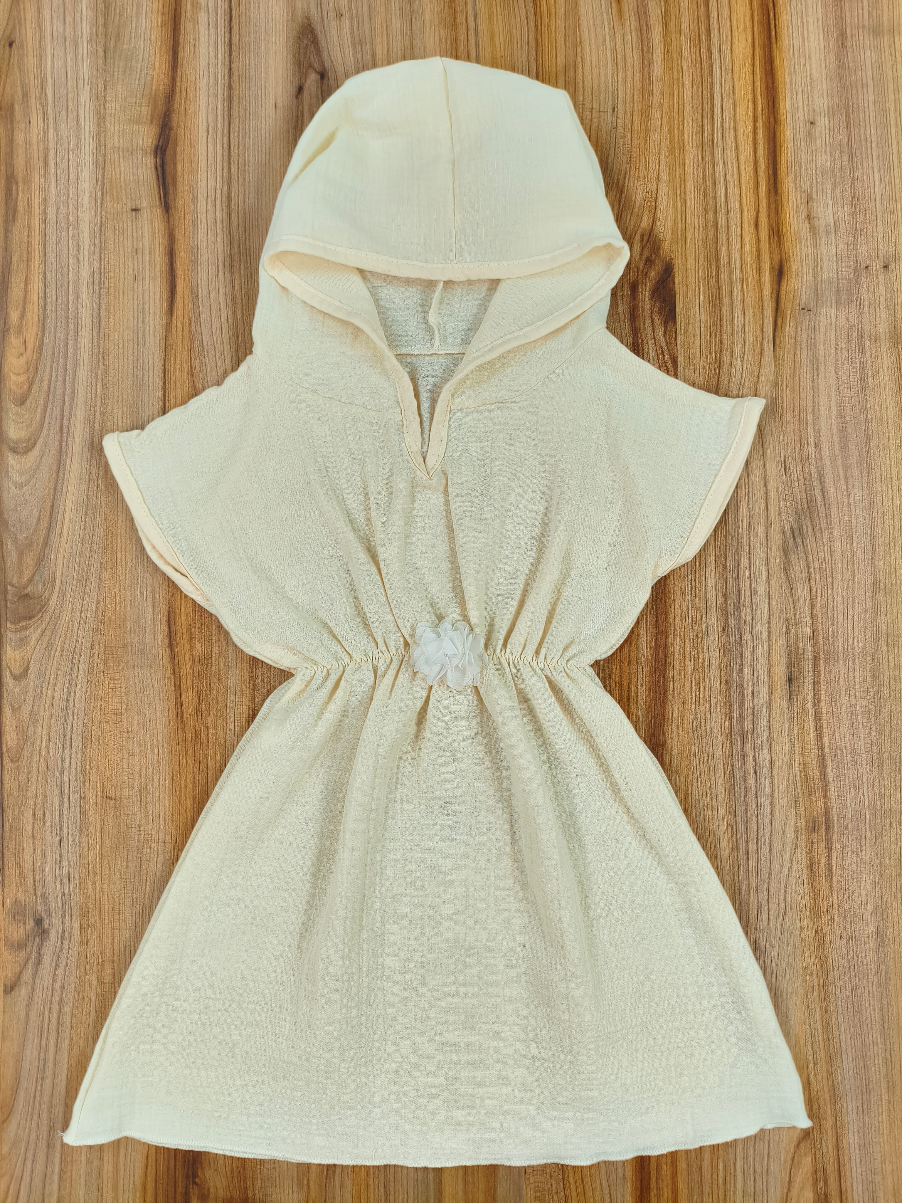 Kız Çocuk %100 Pamuklu Müslin Pareo Panço Plaj Elbisesi Kapüşonlu Deniz Havuz Yazlık